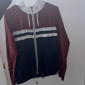 red,blue, and white zine windbreaker